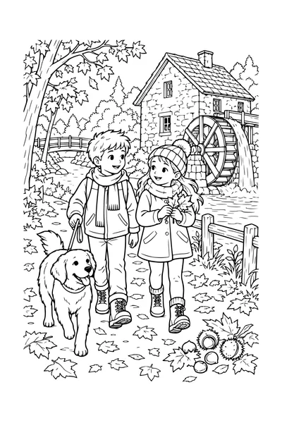 Coloriage: Enfants promenant un chien près d’un moulin à eau.