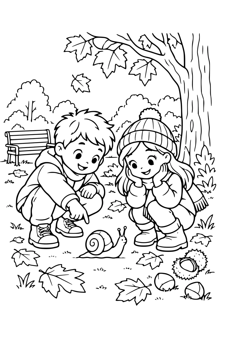 Coloriage: Enfants observant un escargot au parc.