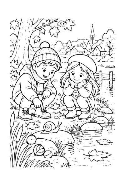 Coloriage: Enfants observant un escargot près de l’étang.