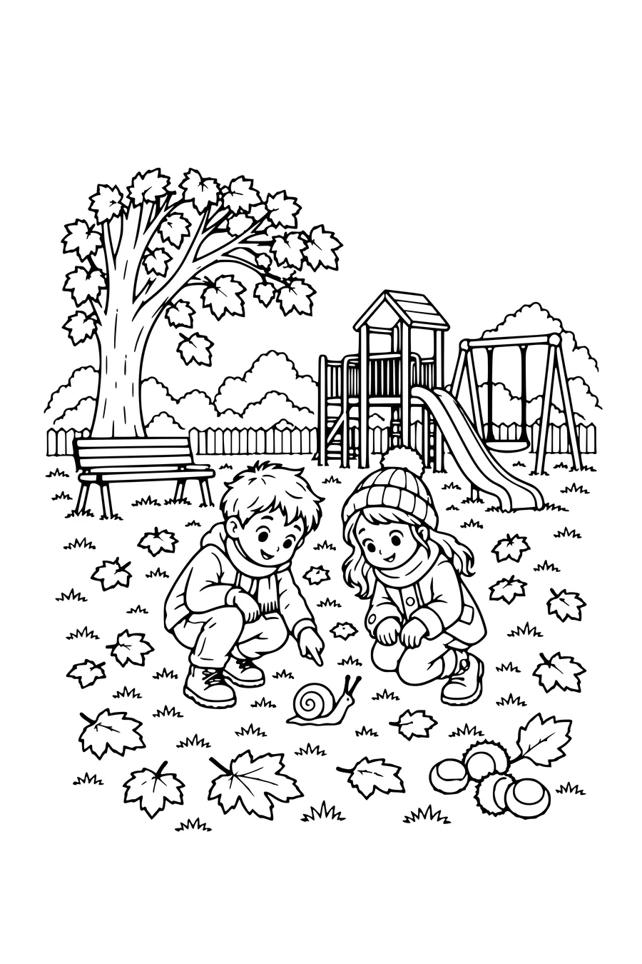 Ausmalbild: Kinder beobachten eine Schnecke auf dem Spielplatz.