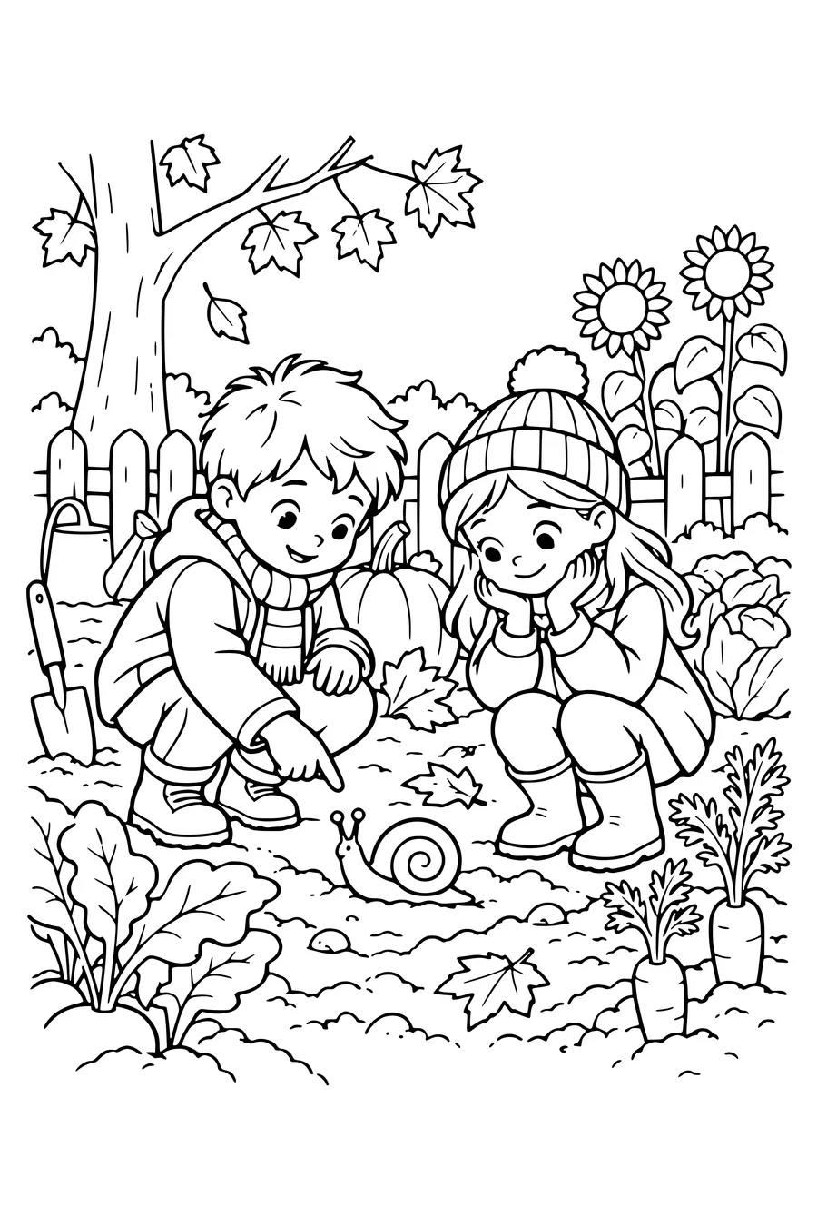 Coloriage: Enfants observant un escargot au potager.