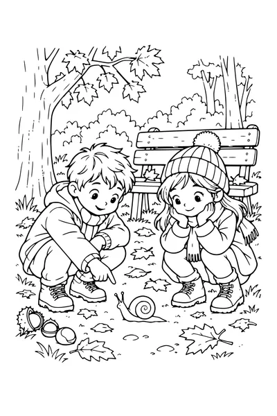 Coloriage: Enfants observant un escargot près d’un banc forestier.
