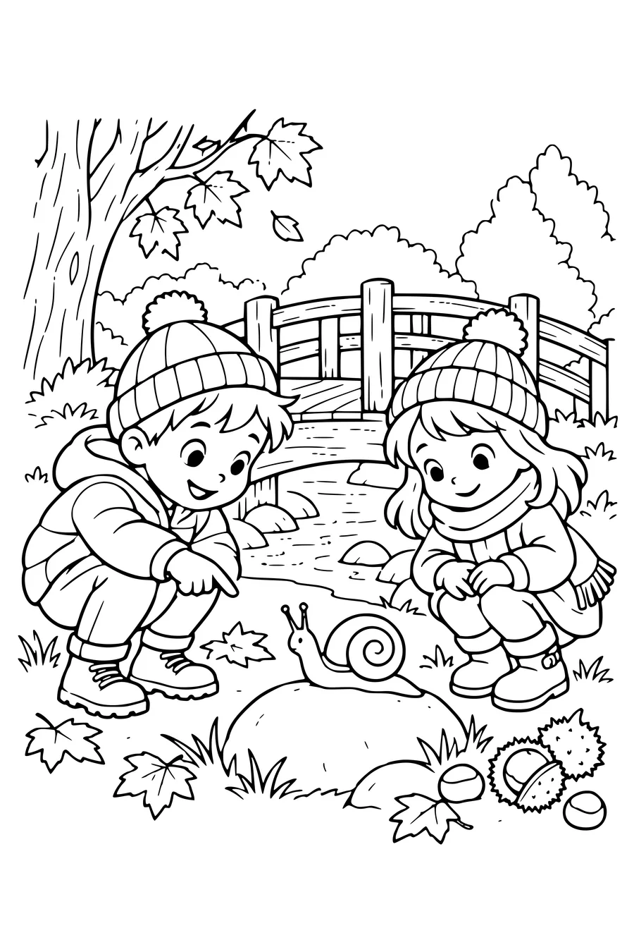 Coloriage: Enfants observant un escargot près d’un pont en bois.