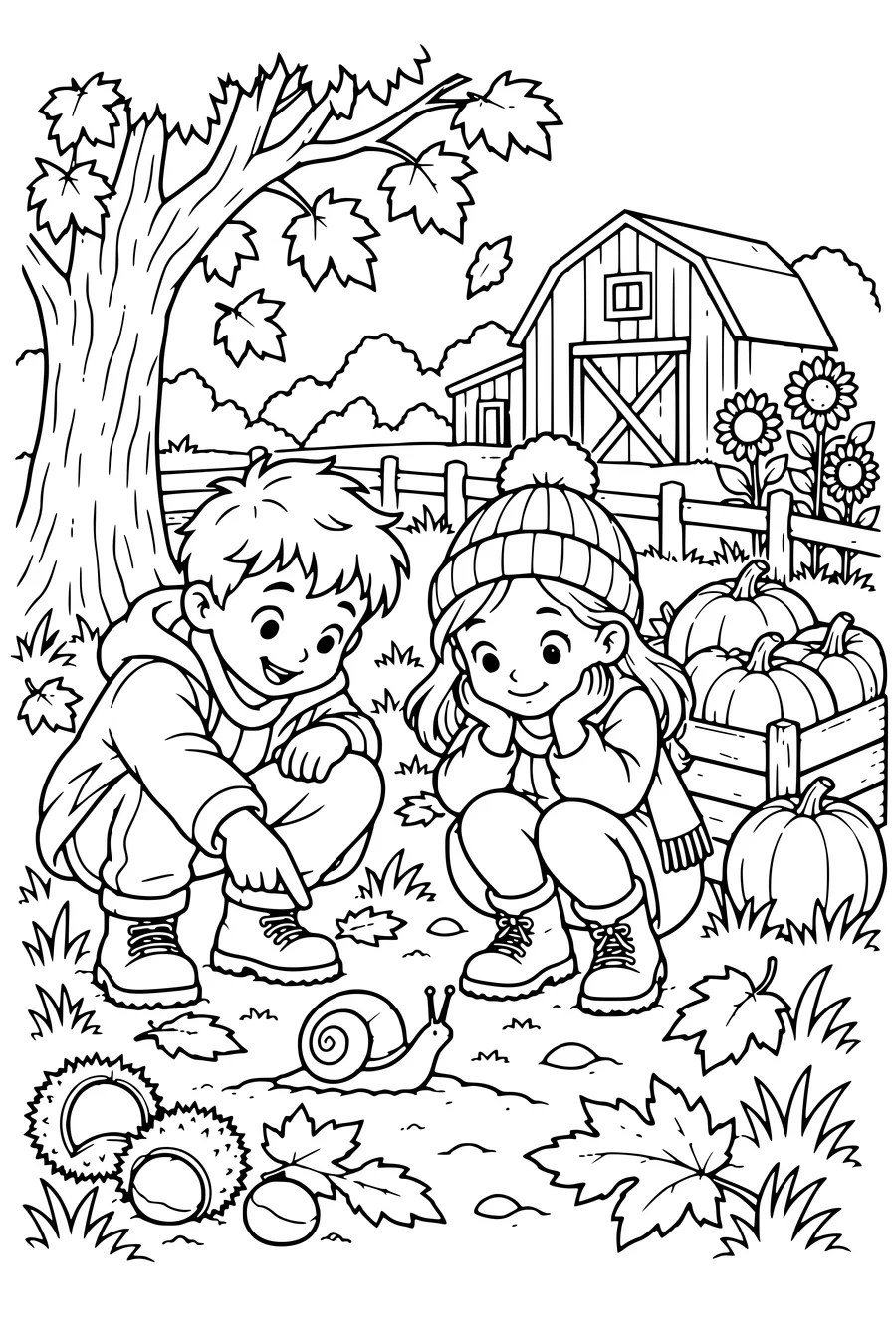Coloriage: Enfants observant un escargot près d’une ferme.