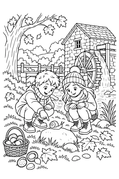 Coloriage: Enfants observant un escargot près d’un moulin à eau.