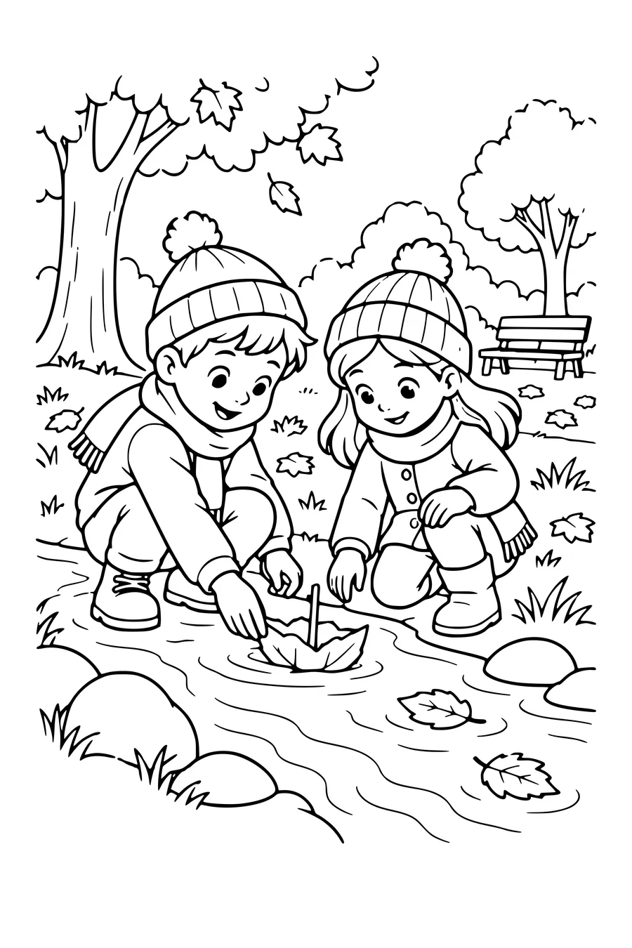 Kleurplaat: Kinderen maken een bladbootje in het park.