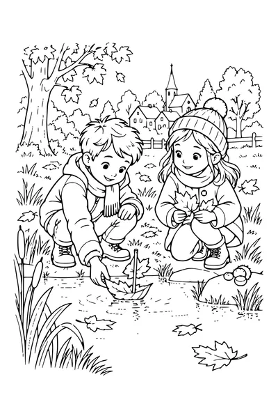 Coloriage: Enfants fabriquant un bateau de feuilles près de l’étang.