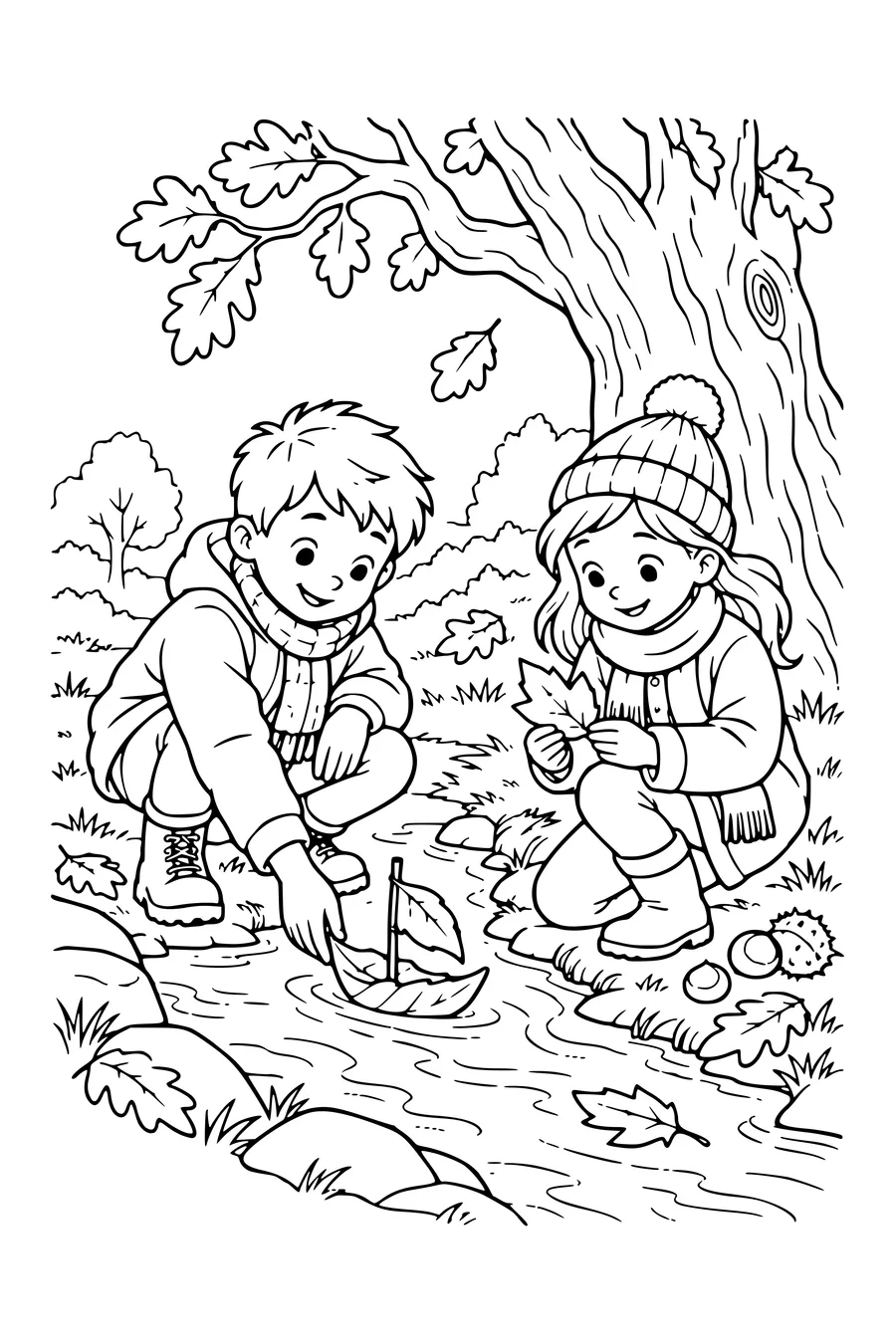 Coloring page: Children making a leaf boat beside an old oak.