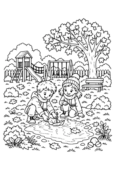 Coloriage: Enfants fabriquant un bateau de feuilles dans la cour de récréation.