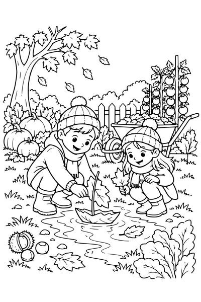 Coloriage: Enfants fabriquant un bateau de feuilles au potager.