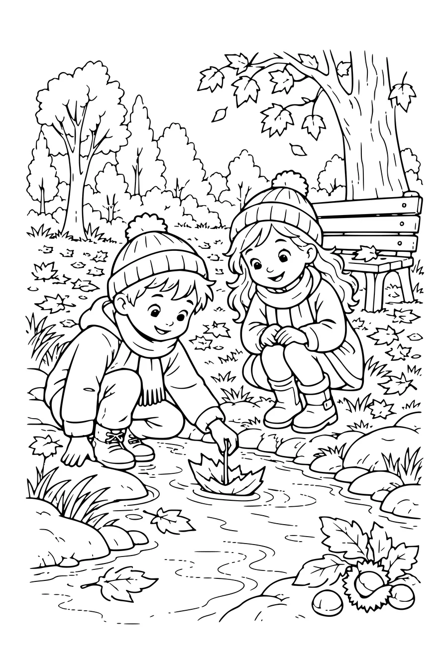 Coloriage: Enfants fabriquant un bateau de feuilles près d’un banc forestier.