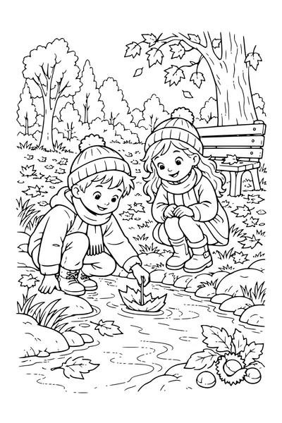 Coloriage: Enfants fabriquant un bateau de feuilles près d’un banc forestier.