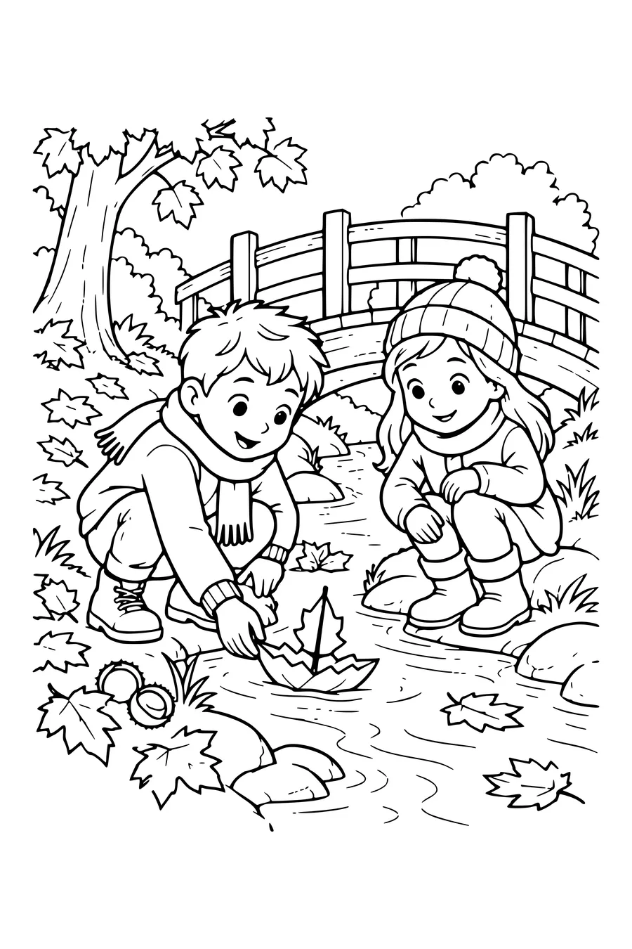Coloriage: Enfants fabriquant un bateau de feuilles près d’un pont en bois.