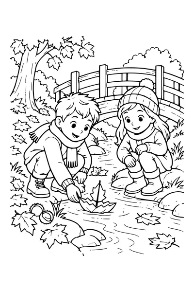 Coloriage: Enfants fabriquant un bateau de feuilles près d’un pont en bois.
