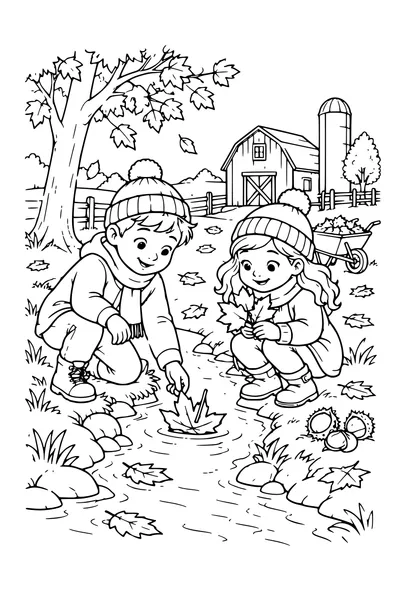 Coloriage: Enfants fabriquant un bateau de feuilles près d’une ferme.