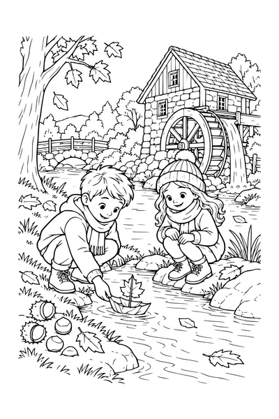 Coloriage: Enfants fabriquant un bateau de feuilles près d’un moulin à eau.