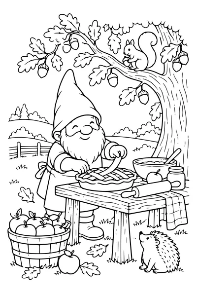 Coloriage: Lutin préparant une tarte aux pommes sous un chêne.