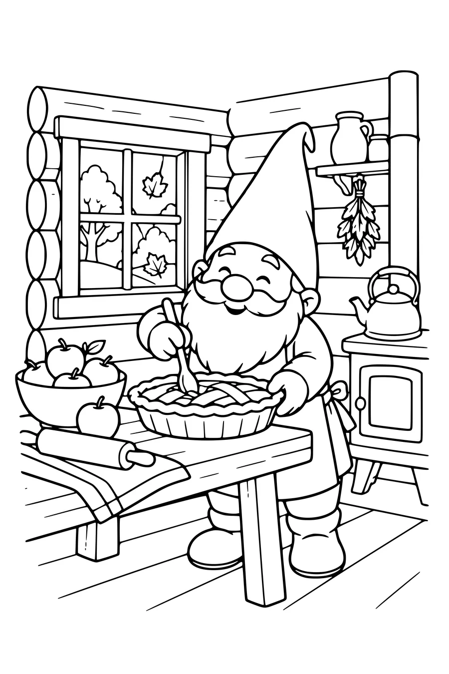 Coloriage: Lutin préparant une tarte aux pommes dans une maison en tronc.