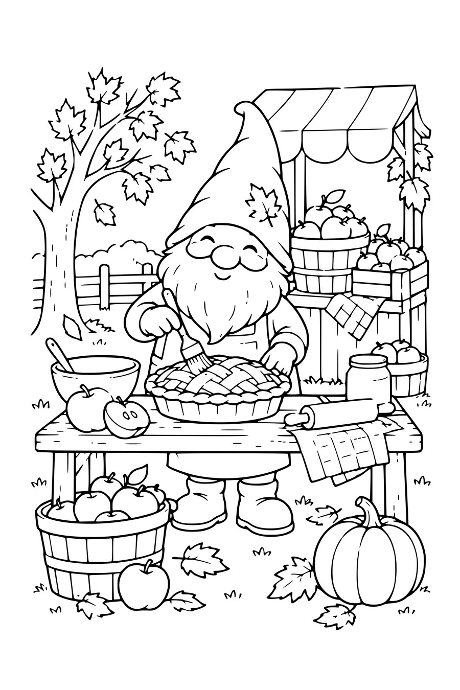 Coloriage: Lutin préparant une tarte aux pommes près d’un stand d’automne.
