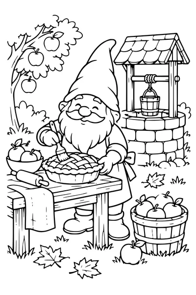 Coloriage: Lutin préparant une tarte aux pommes près d’un puits en pierre.