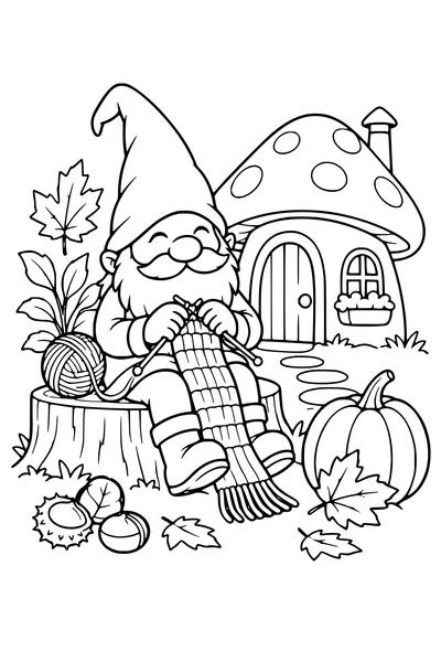 Coloriage: Lutin tricotant une écharpe près d’une maison champignon.