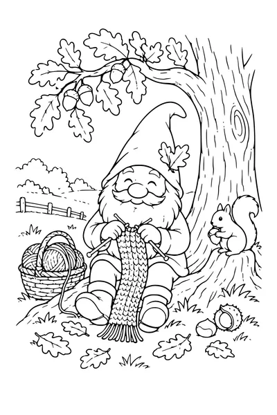 Coloriage: Lutin tricotant une écharpe sous un chêne.
