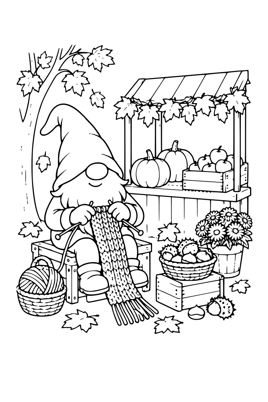 Coloring page: Gnome knitting a scarf beside an autumn stall.