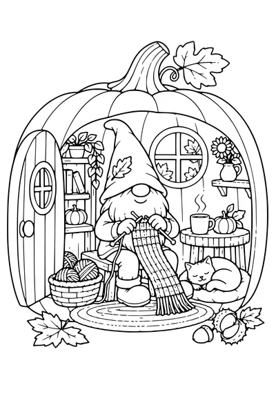 Coloriage: Lutin tricotant une écharpe dans une maison citrouille.