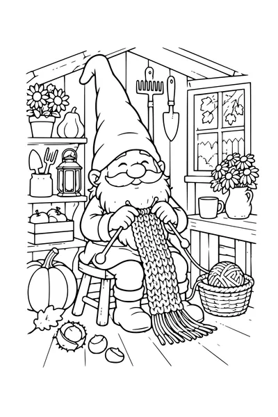 Coloriage: Lutin tricotant une écharpe dans un abri de jardin.