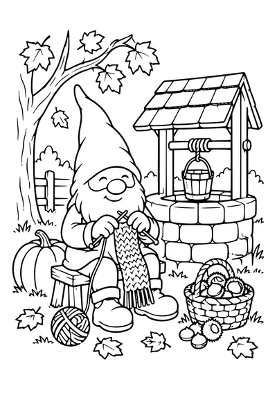 Coloriage: Lutin tricotant une écharpe près d’un puits en pierre.