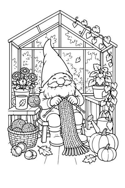 Coloriage: Lutin tricotant une écharpe dans une serre miniature.