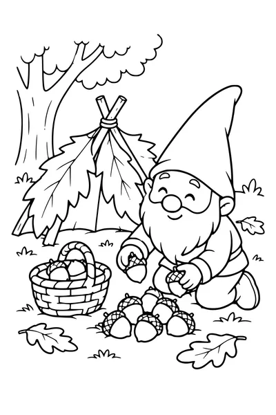 Coloriage: Lutin triant des glands près d’une tente de feuilles.