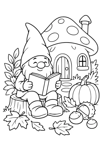 Coloriage: Lutin lisant un livre près d’une maison champignon.