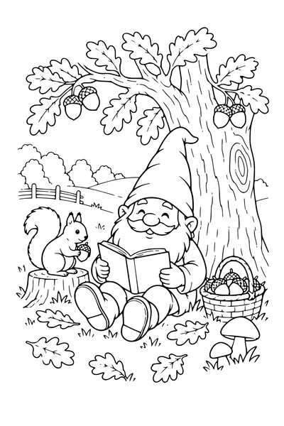 Coloriage: Lutin lisant un livre sous un chêne.