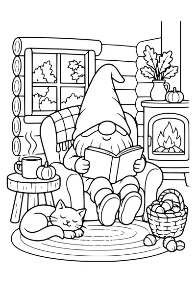 Coloriage: Lutin lisant un livre dans une maison en tronc.