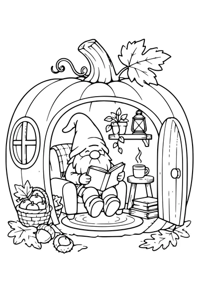 Coloriage: Lutin lisant un livre dans une maison citrouille.