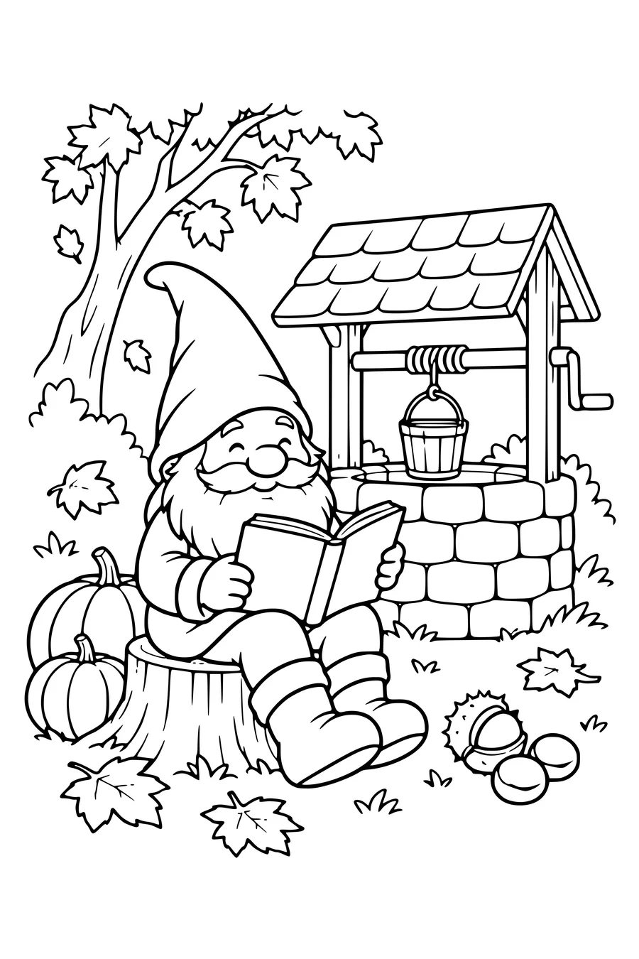 Coloriage: Lutin lisant un livre près d’un puits en pierre.