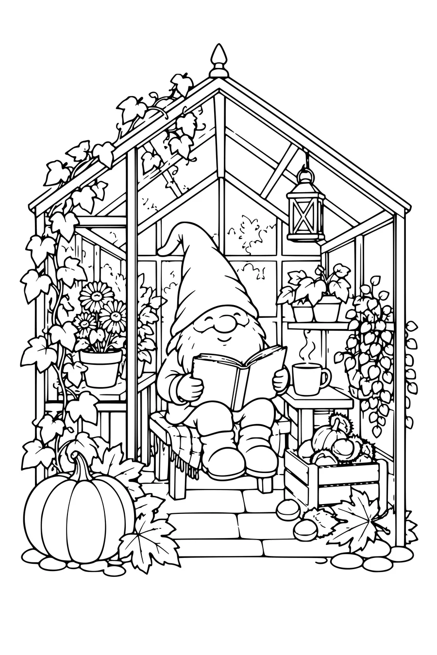 Coloring page: Gnome reading a book inside a miniature greenhouse.