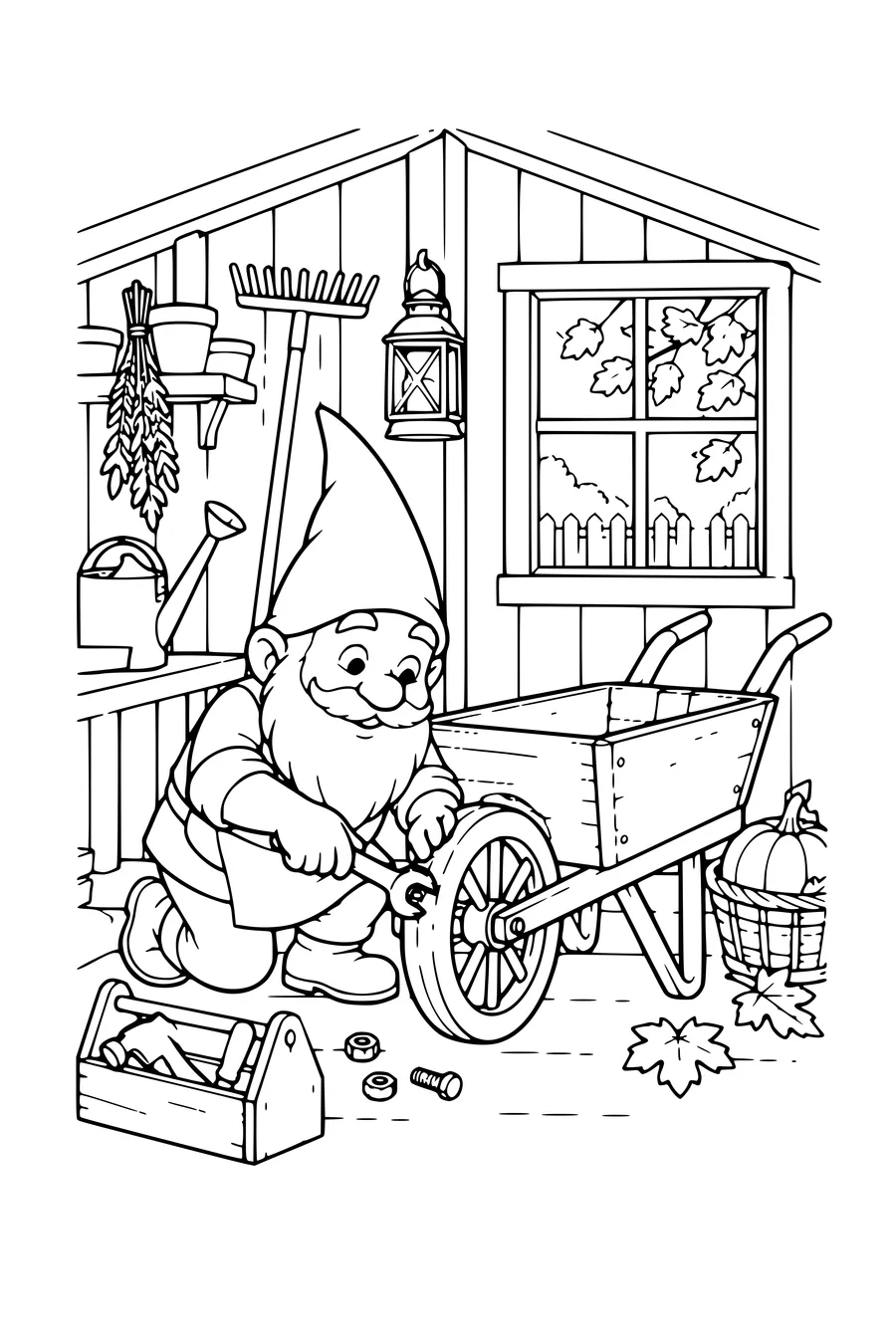 Coloring page: Gnome repairing a wheelbarrow inside a garden shed.