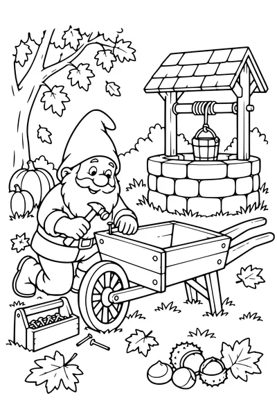 Coloriage: Lutin réparant une brouette près d’un puits en pierre.