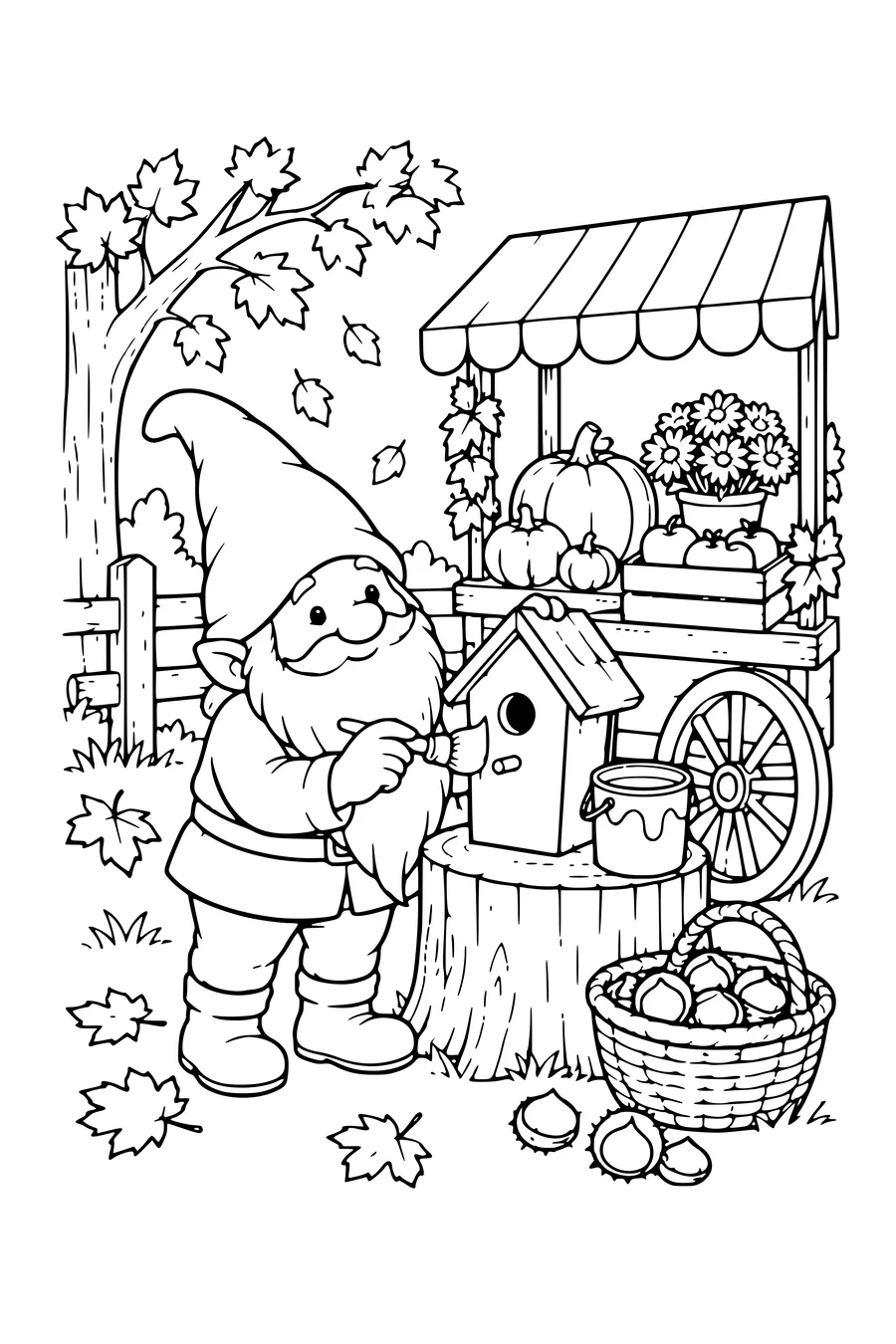 Ausmalbild: Zwerg bemalt ein Vogelhaus am Herbststand.