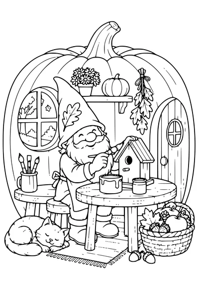 Coloriage: Lutin peignant un nichoir dans une maison citrouille.