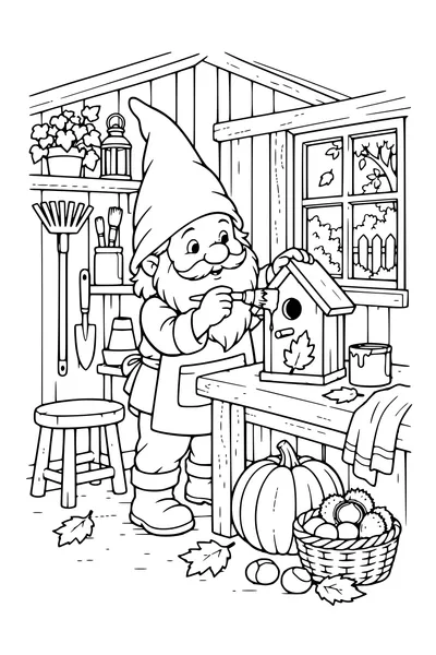 Coloriage: Lutin peignant un nichoir dans un abri de jardin.