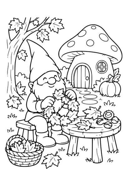 Coloriage: Lutin créant une couronne de feuilles près d’une maison champignon.