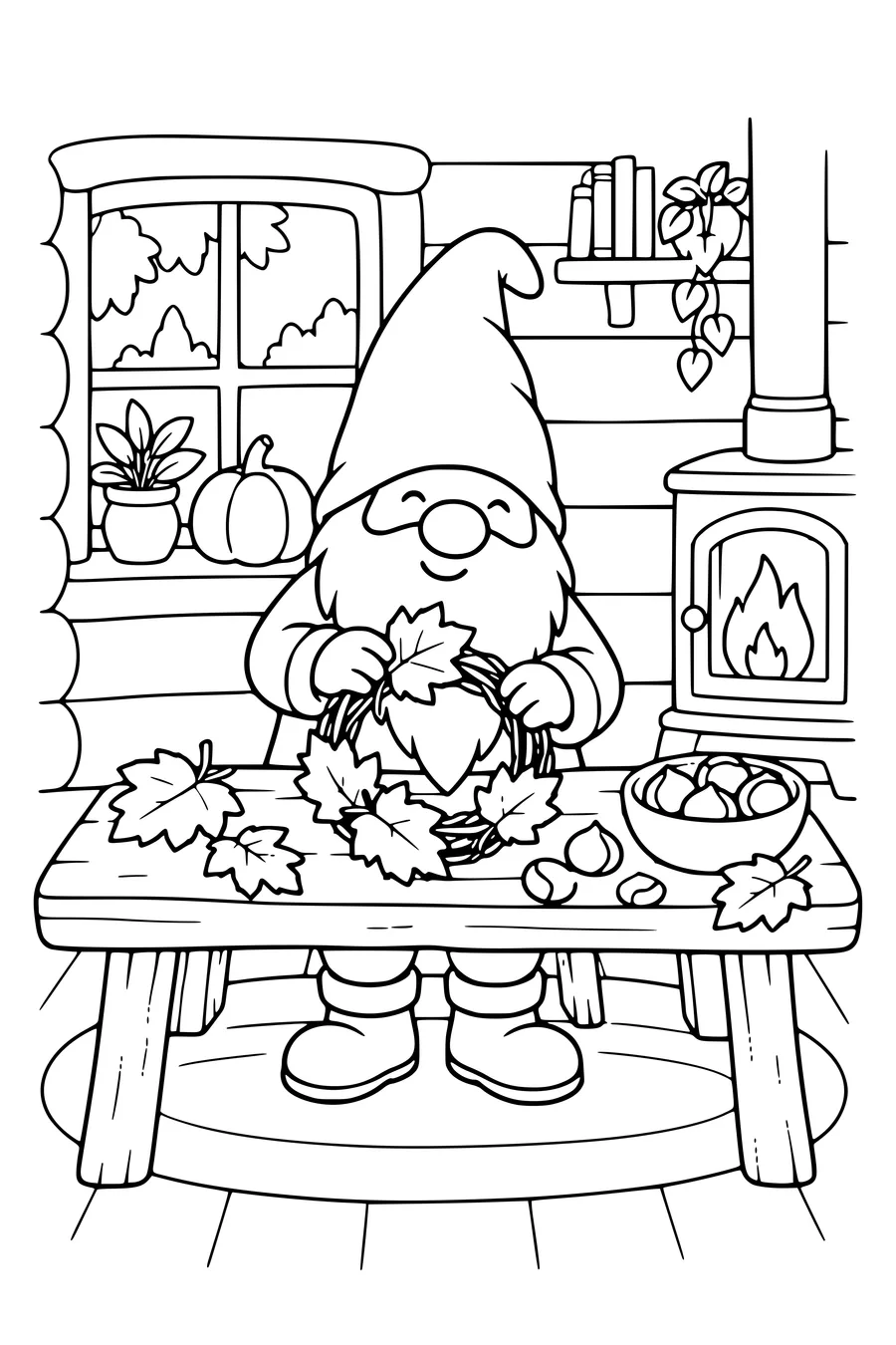 Coloriage: Lutin créant une couronne de feuilles dans une maison en tronc.