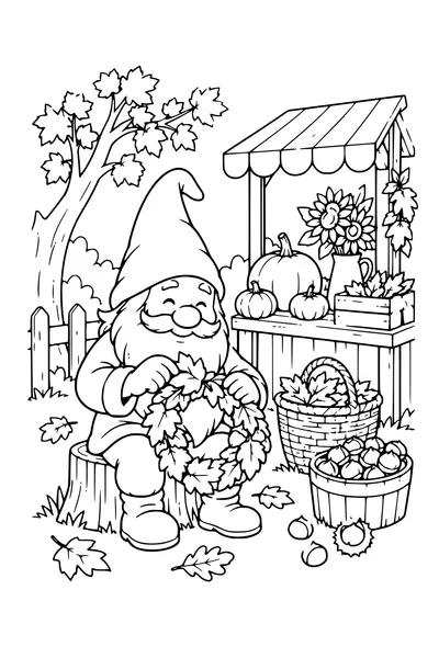 Coloriage: Lutin créant une couronne de feuilles près d’un stand d’automne.