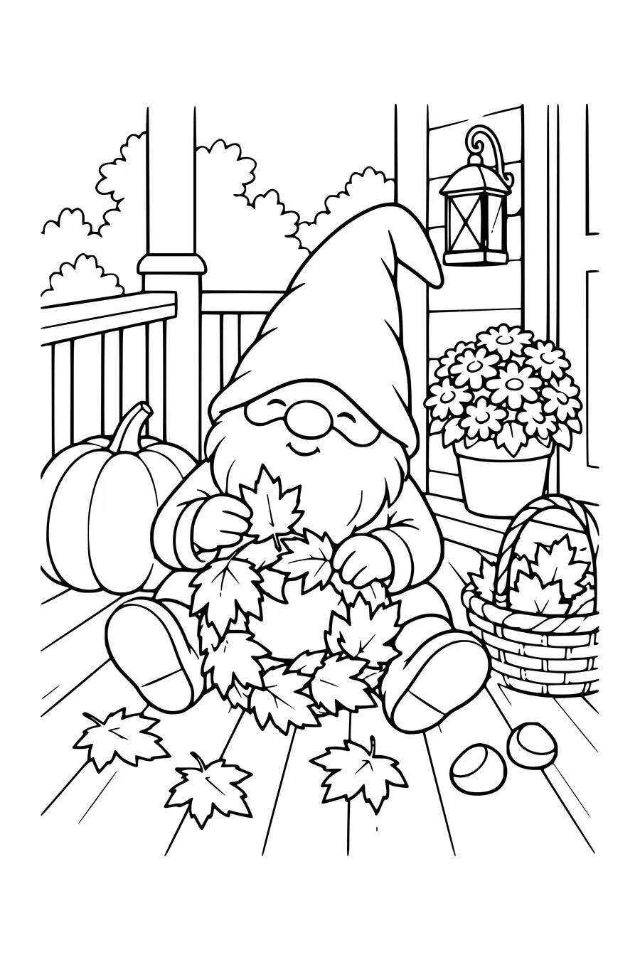 Coloriage: Lutin créant une couronne de feuilles sur un porche en bois.