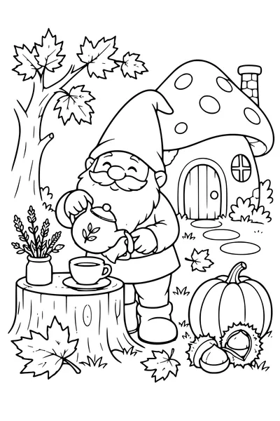 Coloriage: Lutin servant une tisane près d’une maison champignon.