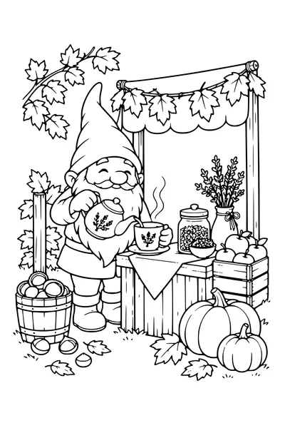 Coloriage: Lutin servant une tisane près d’un stand d’automne.