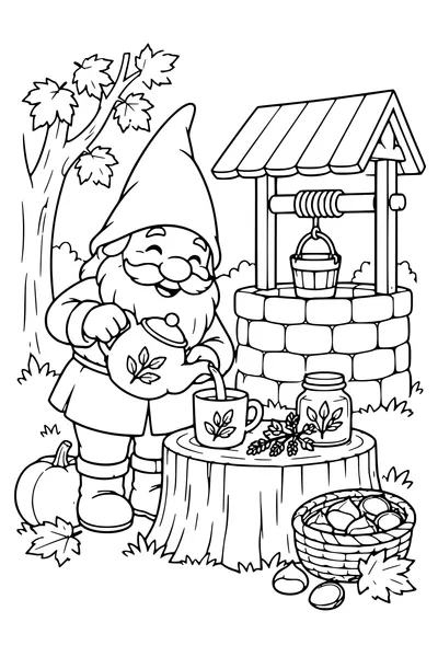 Coloriage: Lutin servant une tisane près d’un puits en pierre.